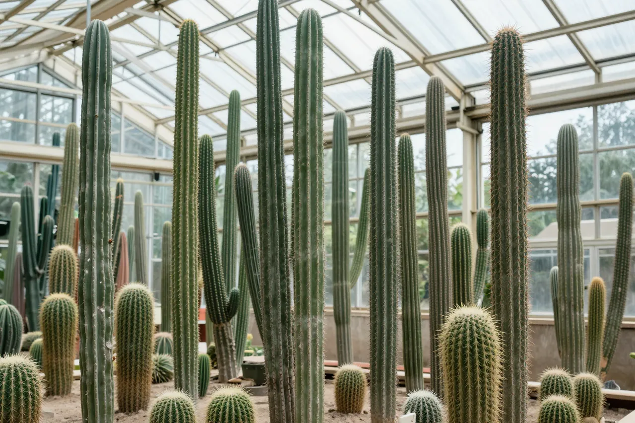 Tall columnar cacti grow in a sunlit glass greenhouse with a sandy floor