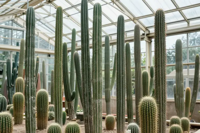 Tall columnar cacti grow in a sunlit glass greenhouse with a sandy floor