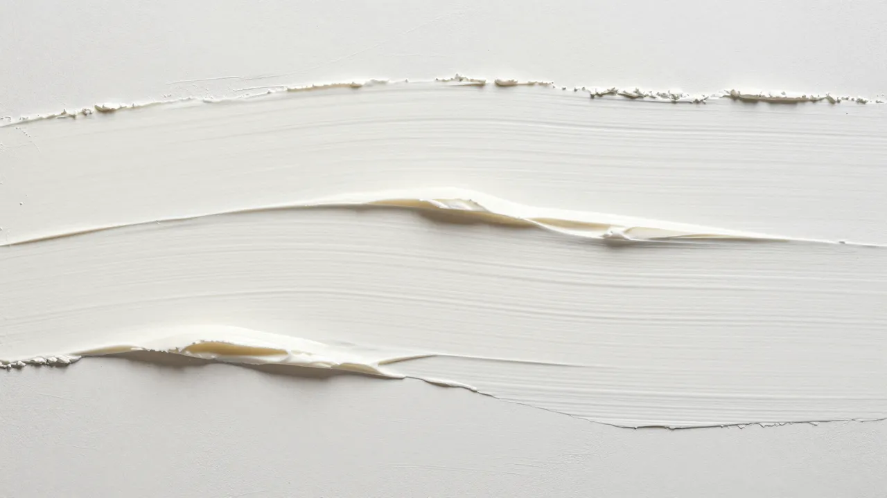 Full frame close-up of cream plaster with long wavy dragged grooves under flat even light