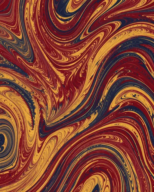 Intricate feathery combed marbled swirls in crimson, ochre, and deep indigo fill the frame