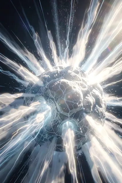 Close-up of an icy comet nucleus venting bright glowing gas jets into dark outer space in sunlight