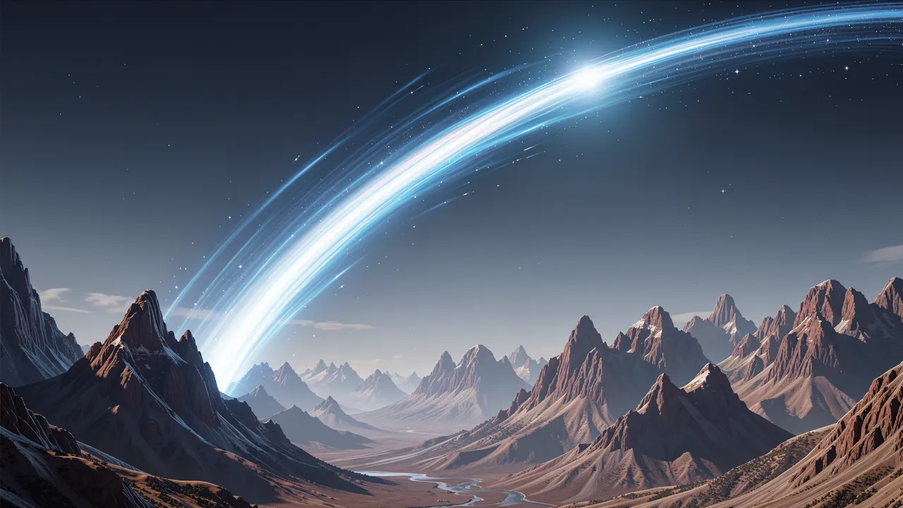 A bright comet with a glowing blue and white arched tail streaks above a rugged alien mountain landscape under a starry sky