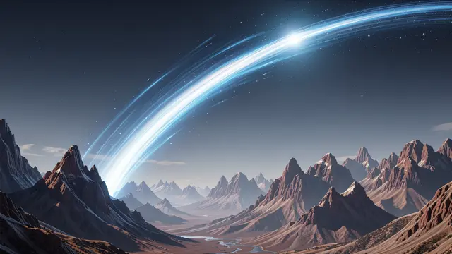 A bright comet with a glowing blue and white arched tail streaks above a rugged alien mountain landscape under a starry sky