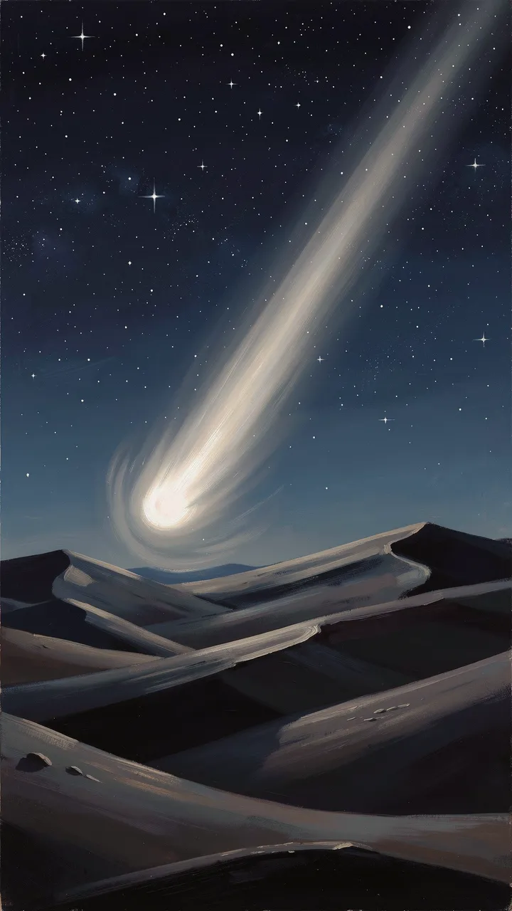 A bright long-tailed comet arcs across a starry night sky above dark rolling desert dunes