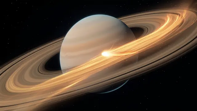 A glowing comet tail streaks across the rings of a ringed gas giant against a dark starry space background