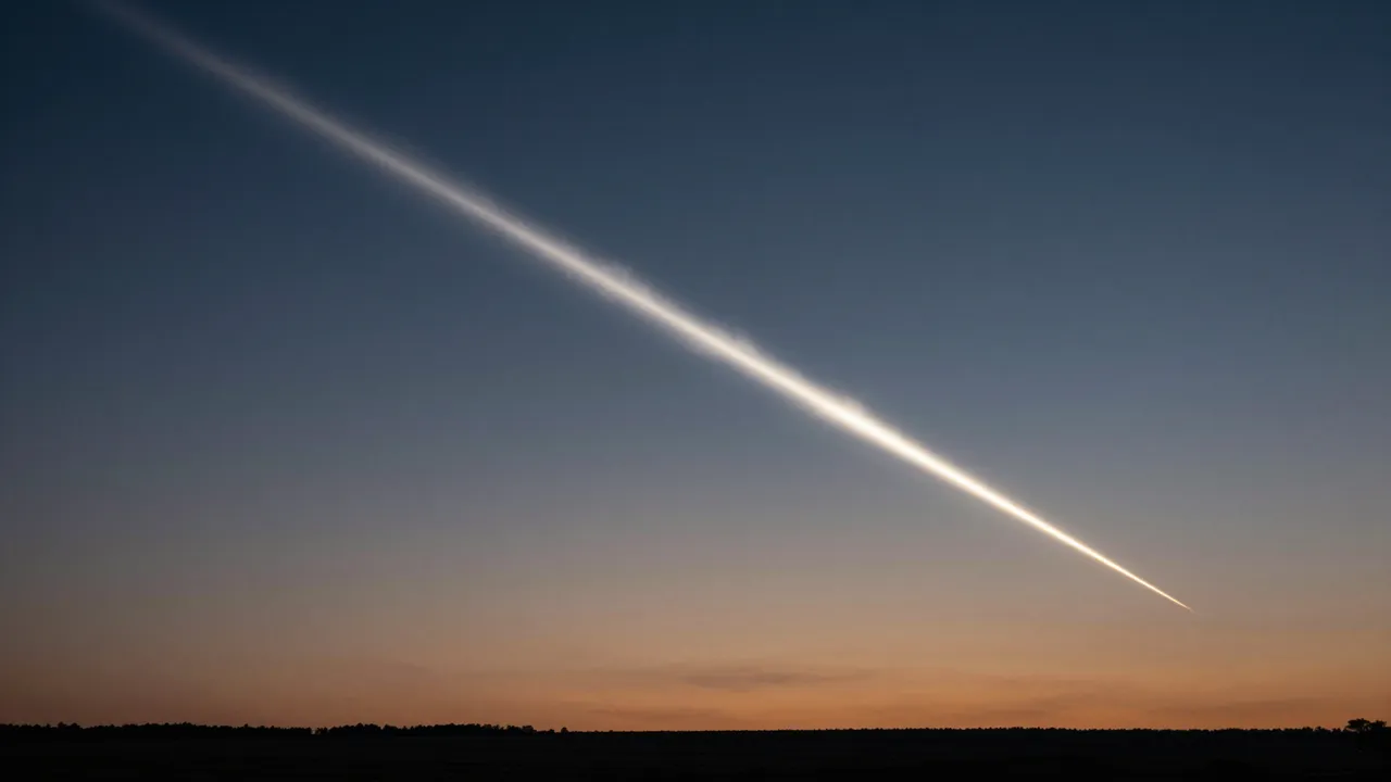 A bright glowing comet trail cuts diagonally across a gradient dusk sky above a dark silhouetted horizon