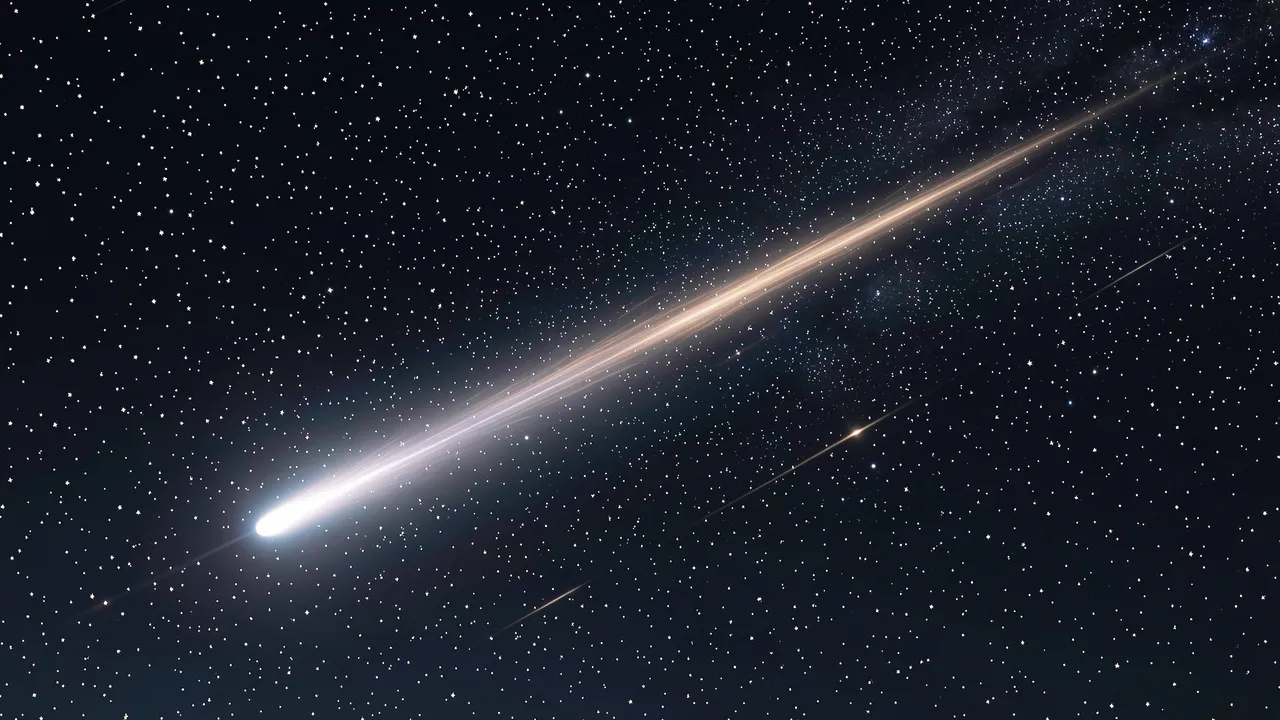 A bright glowing comet with a long trailing streak moves diagonally across a dark star-filled night sky