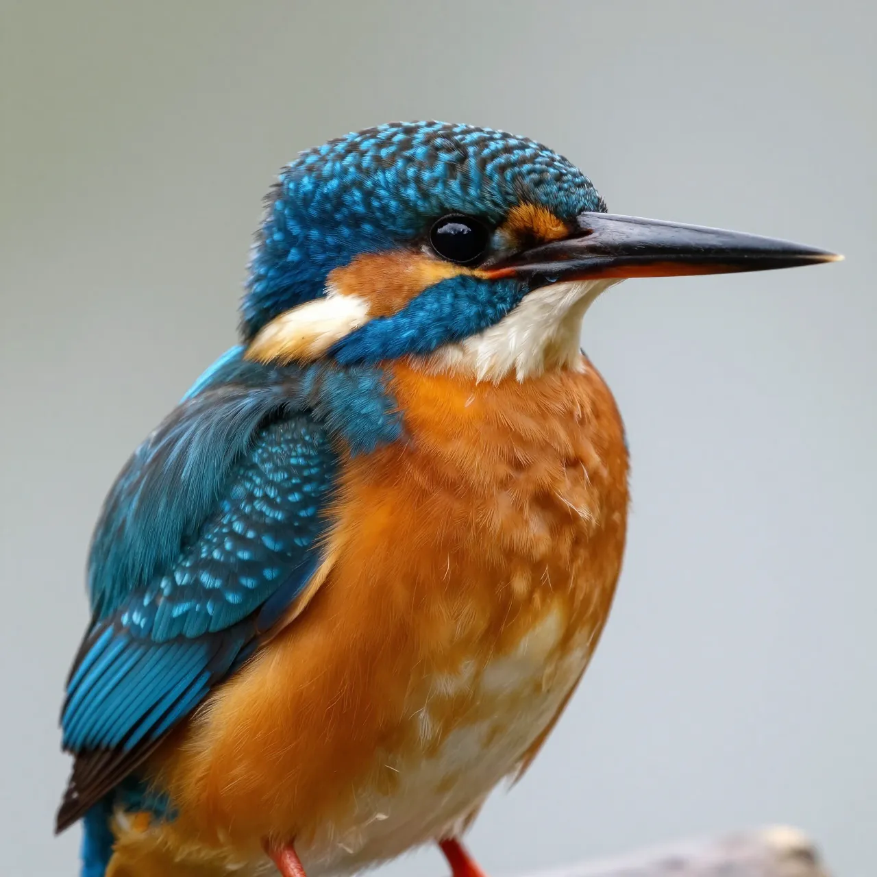 Close up portrait of a common kingfisher with bright blue and orange plumage perched against a soft blurred background