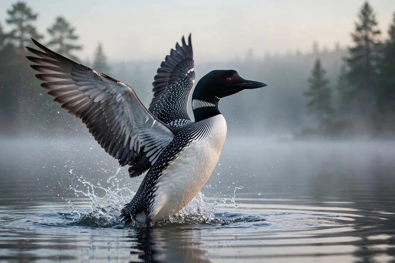 A common loon rears up flapping its wings on calm misty lake water at dawn
