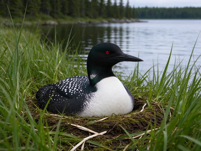 A common loon with a red eye rests on its mossy nest among tall green lakeside sedges.