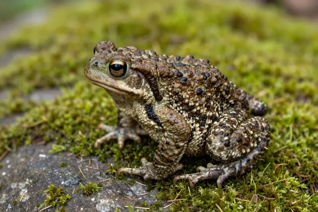 A bumpy common toad sits calmly atop a moss-covered weathered stone in natural woodland surroundings.