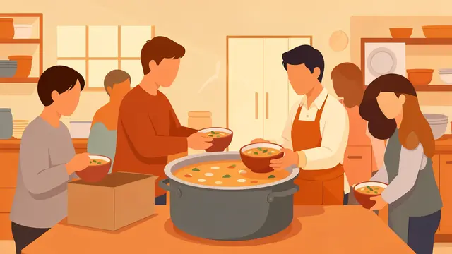 Faceless volunteer serving bowls of hot soup from a large pot to guests at a warm community kitchen