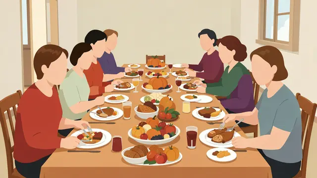 Faceless adult figures sit around a long dining table filled with holiday food during a Thanksgiving meal