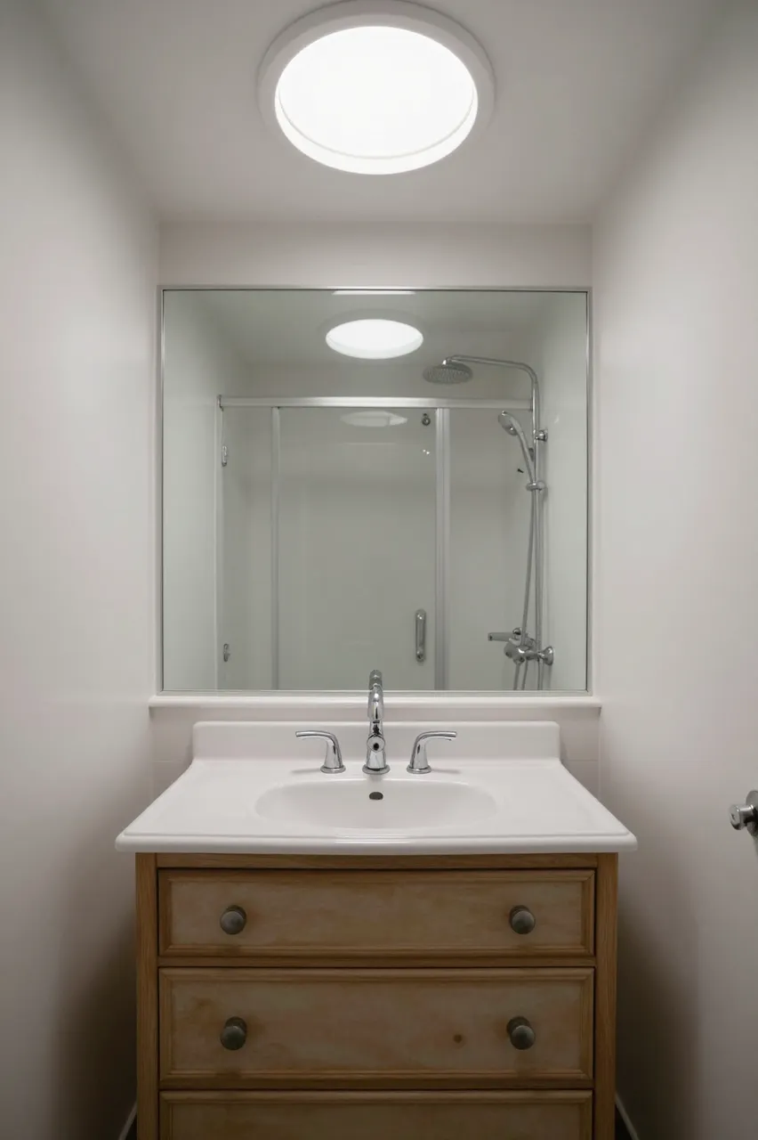 Small bathroom with wooden vanity, large mirror, round ceiling light and shower reflected in glass