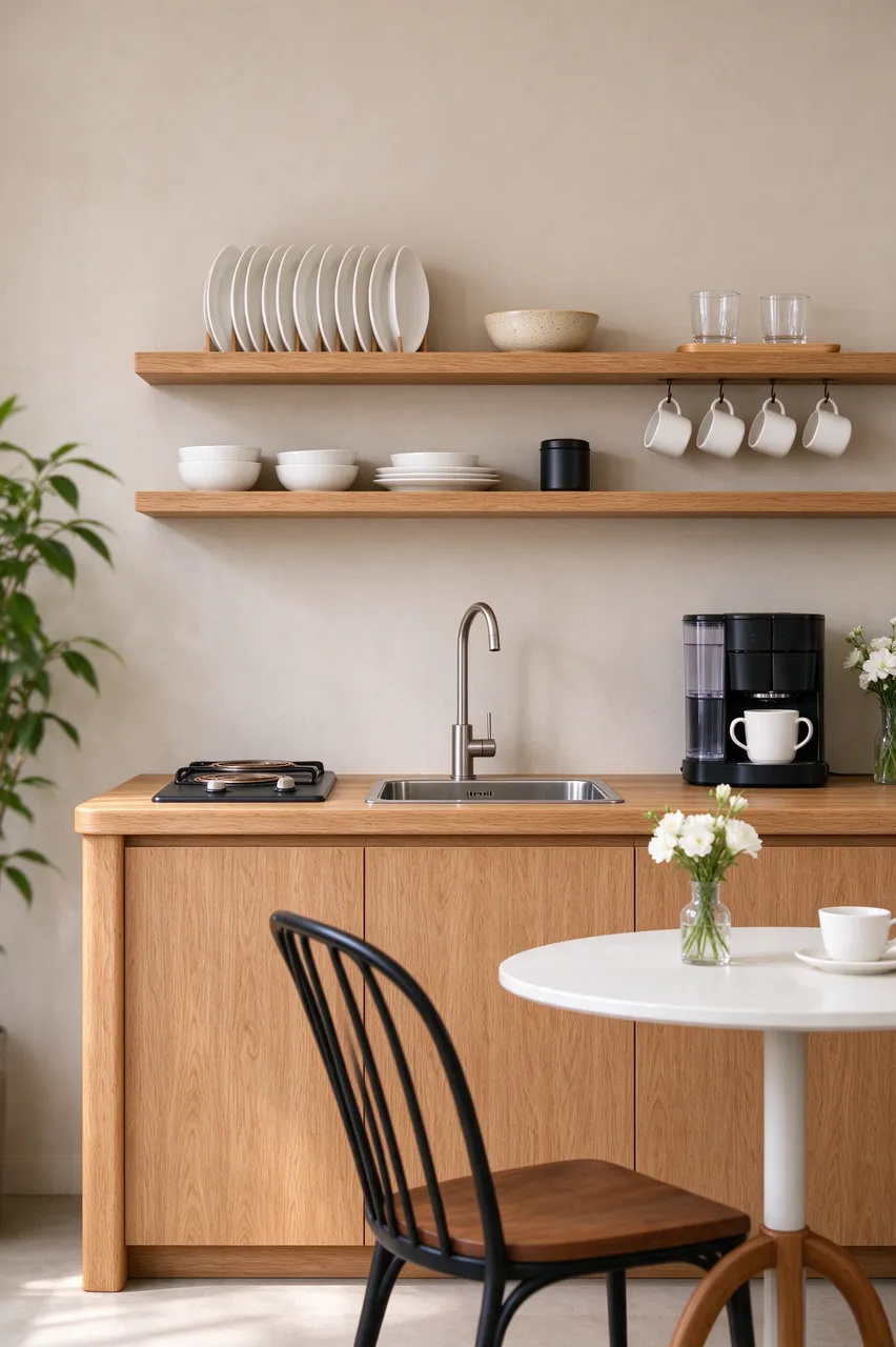 Cozy compact oak kitchenette with open dish shelves, sink, and small round cafe table against a neutral wall