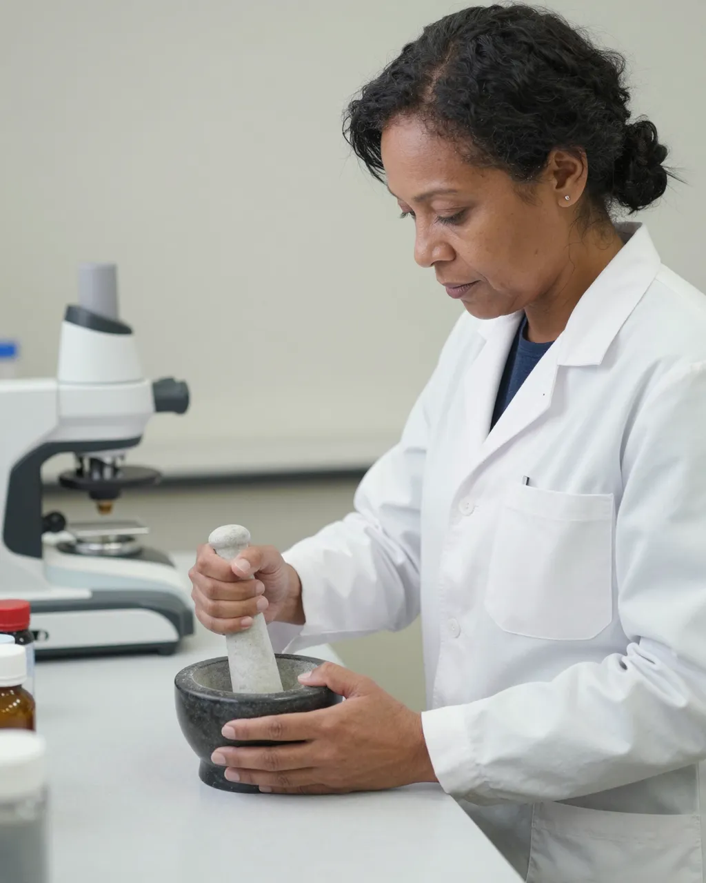 A middle-aged mixed-race woman in a lab coat grinds powder with a mortar and pestle at a laboratory workbench.