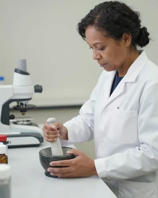 A middle-aged mixed-race woman in a lab coat grinds powder with a mortar and pestle at a laboratory workbench.