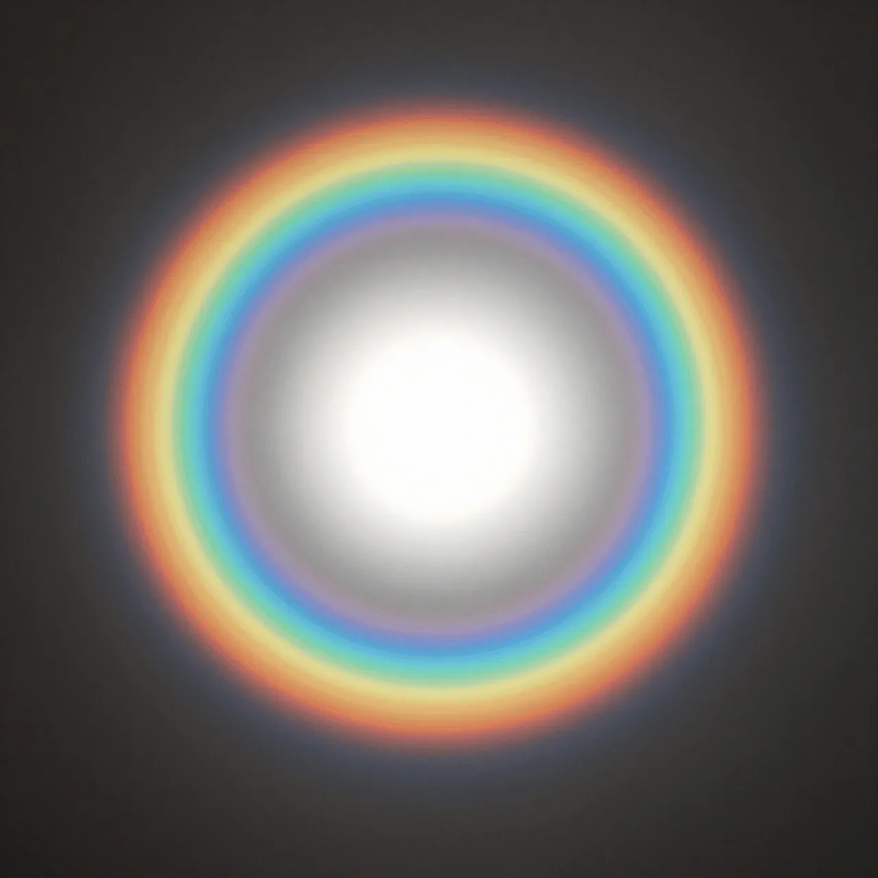 Bright central light point surrounded by smooth concentric rainbow rings against a dark neutral background