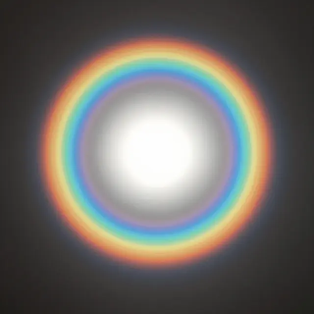 Bright central light point surrounded by smooth concentric rainbow rings against a dark neutral background