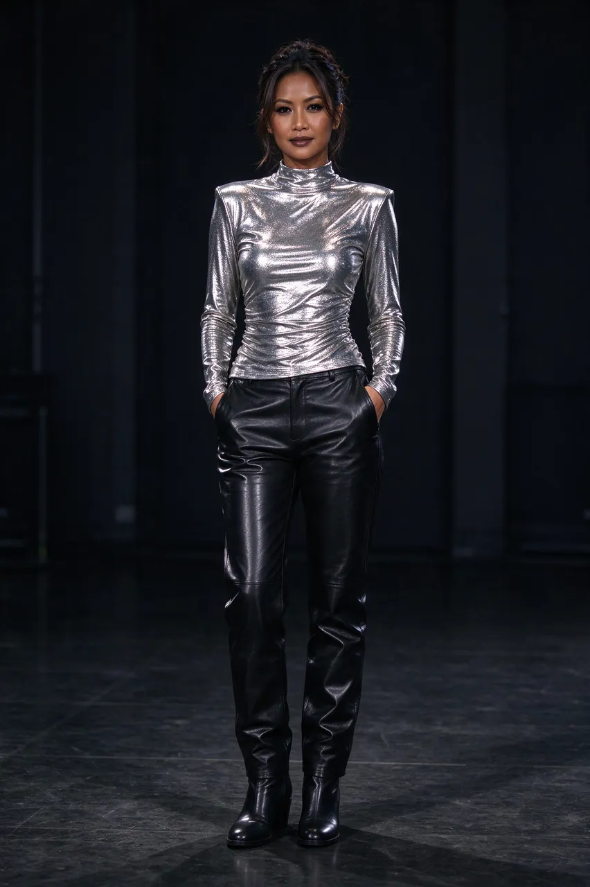 A Southeast Asian woman stands with hands in pockets wearing a silver metallic top, black leather trousers and ankle boots