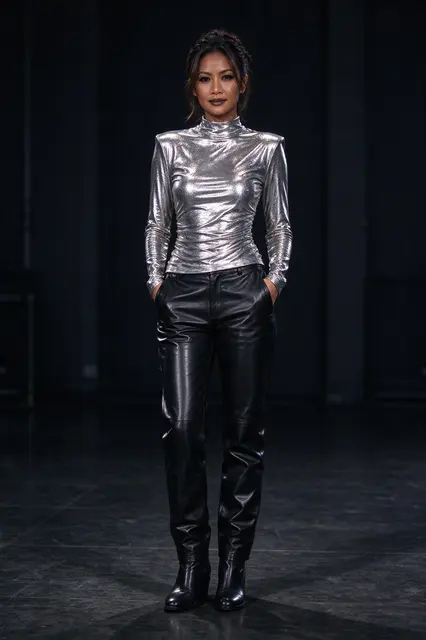 A Southeast Asian woman stands with hands in pockets wearing a silver metallic top, black leather trousers and ankle boots
