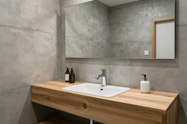 Modern minimalist concrete bathroom featuring a wall-mounted wooden vanity, white sink, large mirror, and soap dispensers.