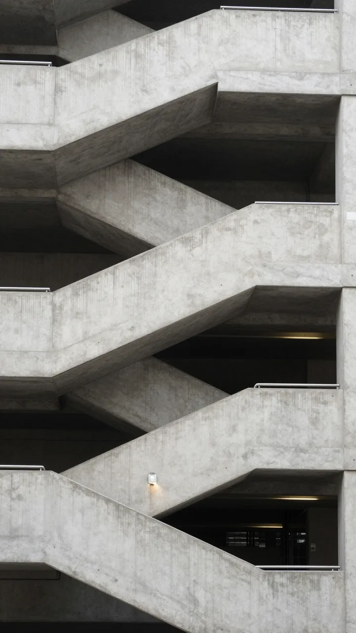 Vertical view of a raw zigzag concrete parking garage stairwell with a single glowing wall lamp