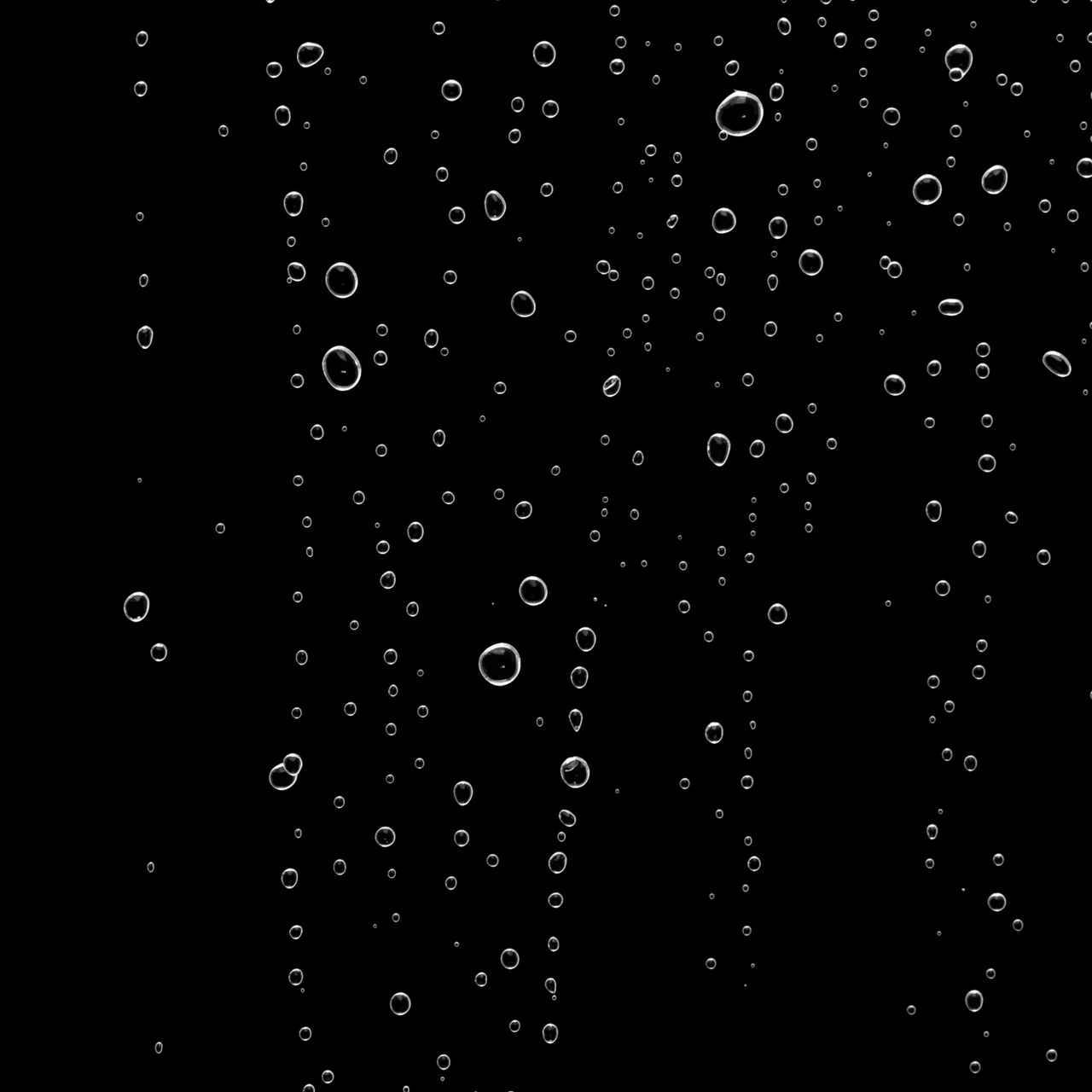 Scattered fine and larger clear water droplets against a solid pure black background