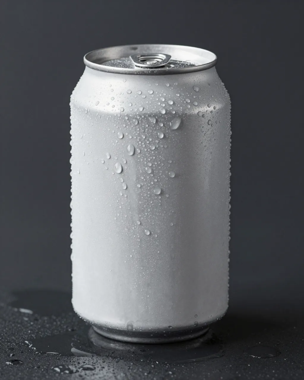 A blank matte aluminum drink can covered in condensation droplets sits on a dark wet surface
