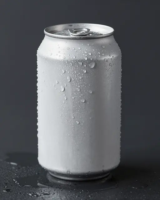 A blank matte aluminum drink can covered in condensation droplets sits on a dark wet surface
