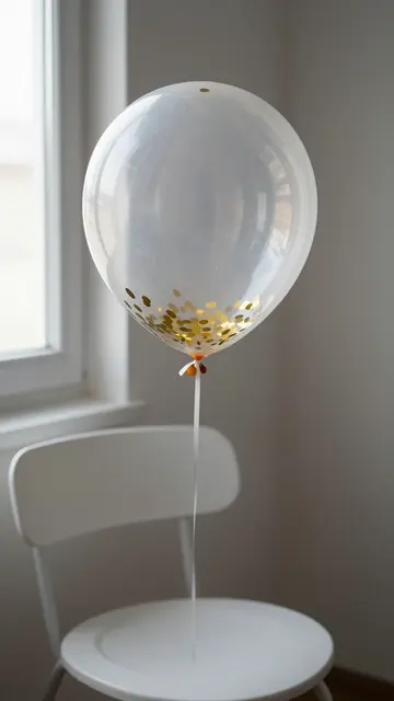 Clear balloon filled with gold confetti sits on a white chair next to a bright window with soft daylight.