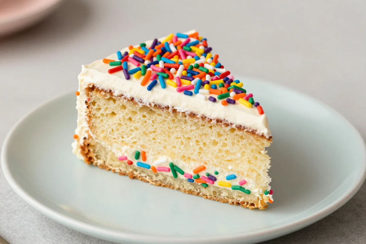Slice of vanilla confetti cake with rainbow sprinkles resting on a pale pastel plate