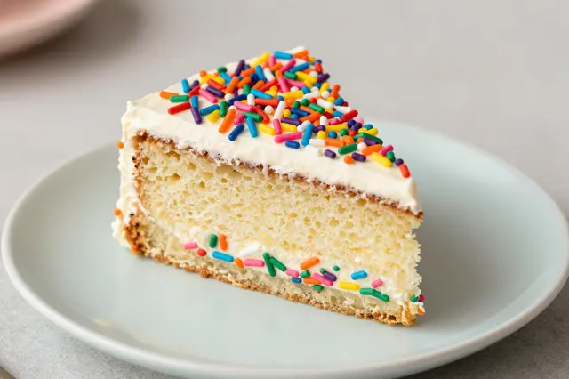 Slice of vanilla confetti cake with rainbow sprinkles resting on a pale pastel plate