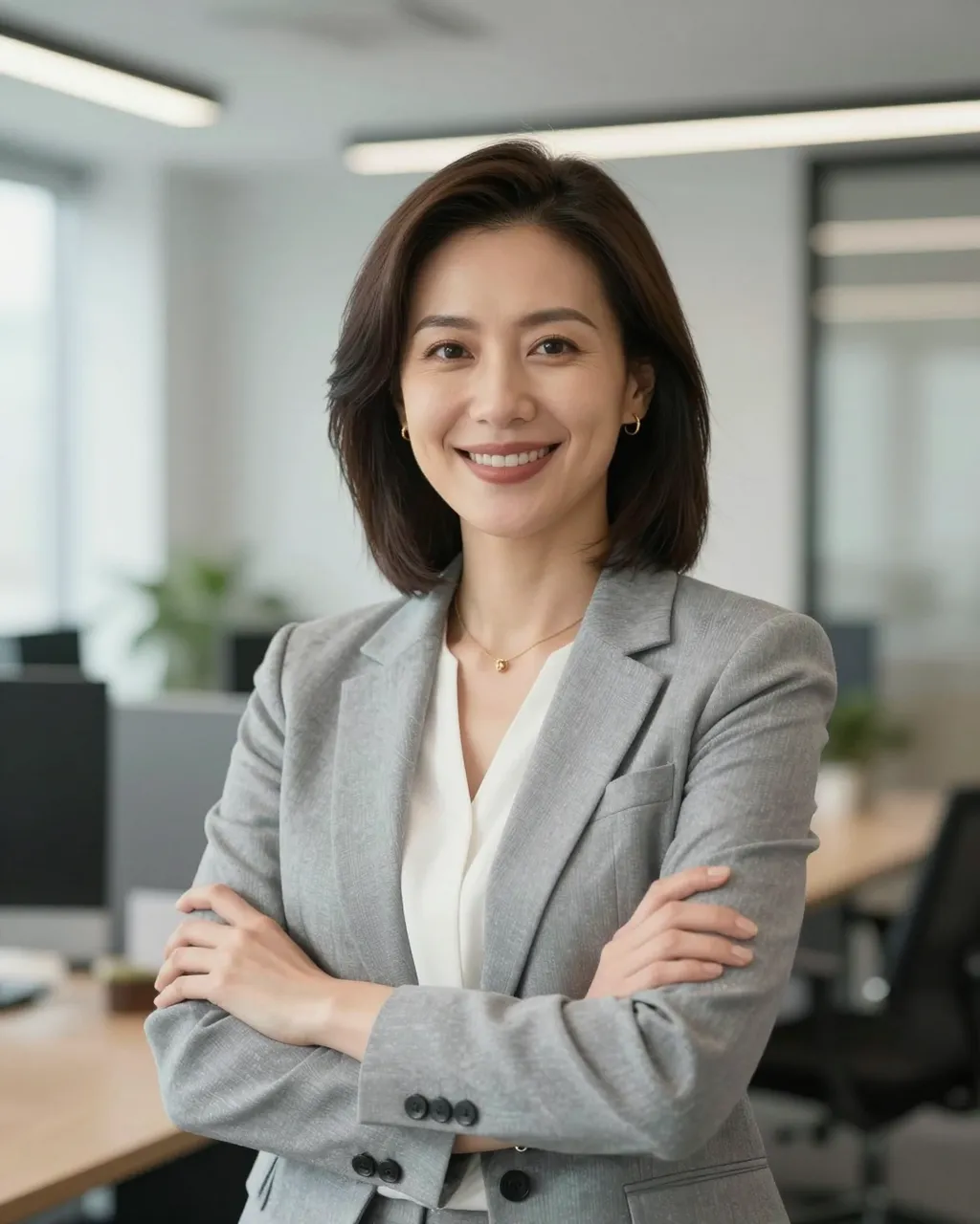 Smiling middle-aged businesswoman stands with crossed arms in a modern bright office
