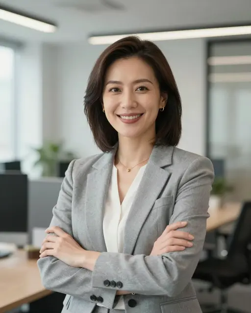 Smiling middle-aged businesswoman stands with crossed arms in a modern bright office