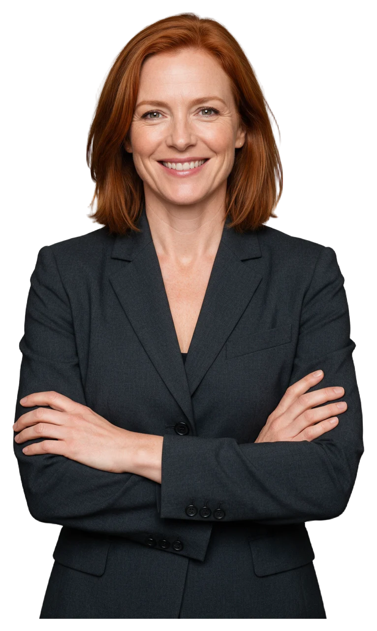Mid adult woman with auburn hair in a charcoal blazer smiles at the camera with crossed arms