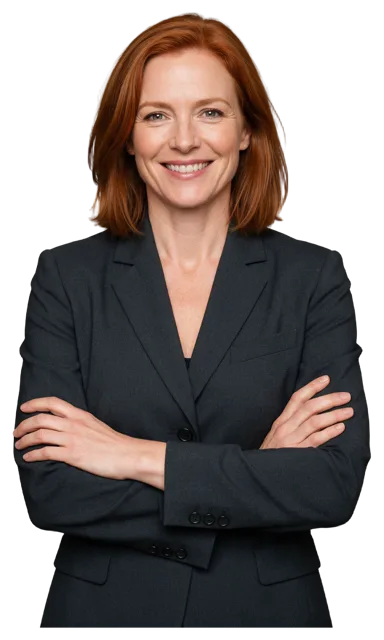 Mid adult woman with auburn hair in a charcoal blazer smiles at the camera with crossed arms