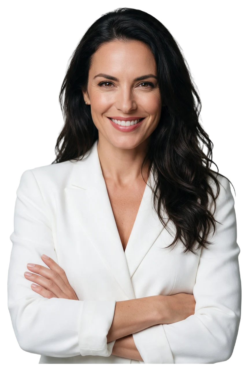 Mid shot of a woman in a white blazer with crossed arms and a warm confident smile looking at the camera