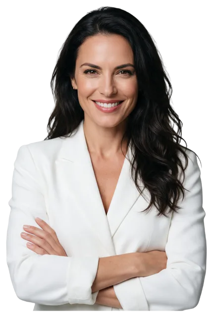 Mid shot of a woman in a white blazer with crossed arms and a warm confident smile looking at the camera