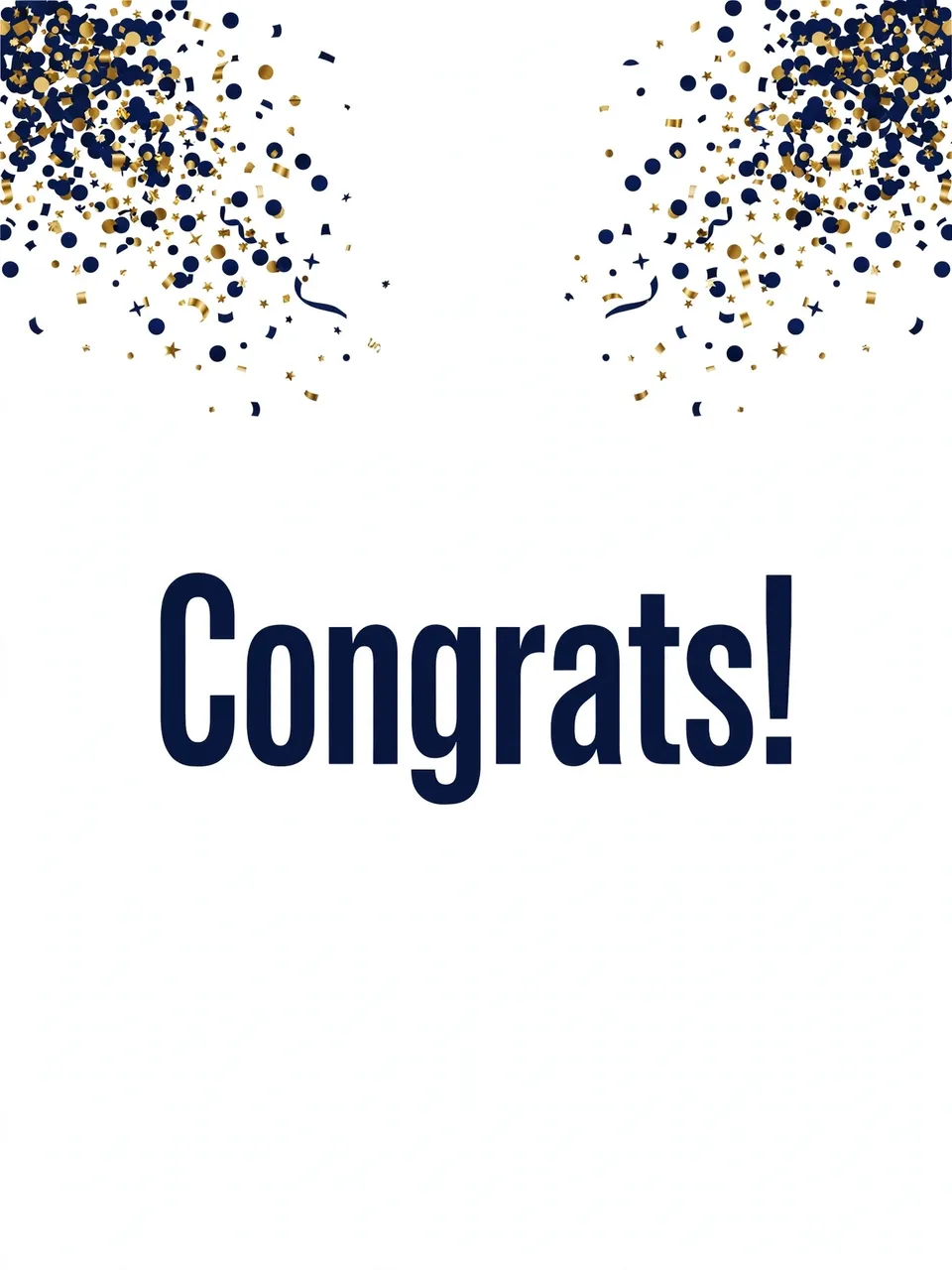Centered bold navy "Congrats!" text with navy and gold confetti bursts at the top corners on an off-white background
