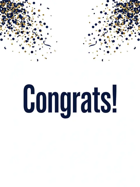 Centered bold navy "Congrats!" text with navy and gold confetti bursts at the top corners on an off-white background