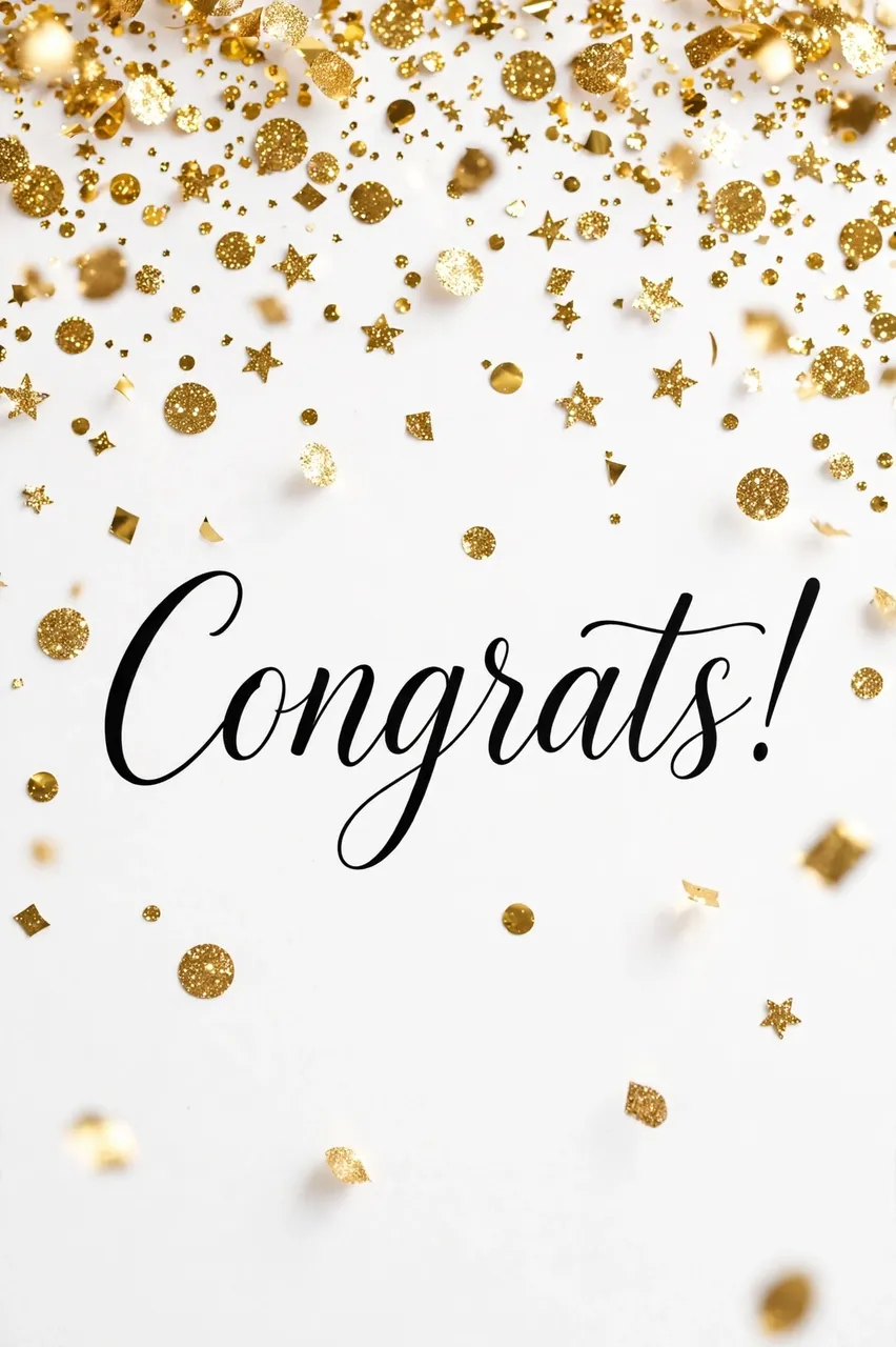 Centered black script "Congrats!" surrounded by falling gold glitter confetti on a clean white background