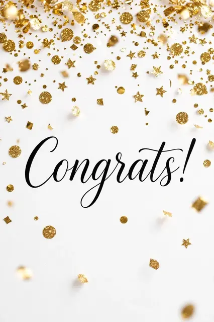 Centered black script "Congrats!" surrounded by falling gold glitter confetti on a clean white background