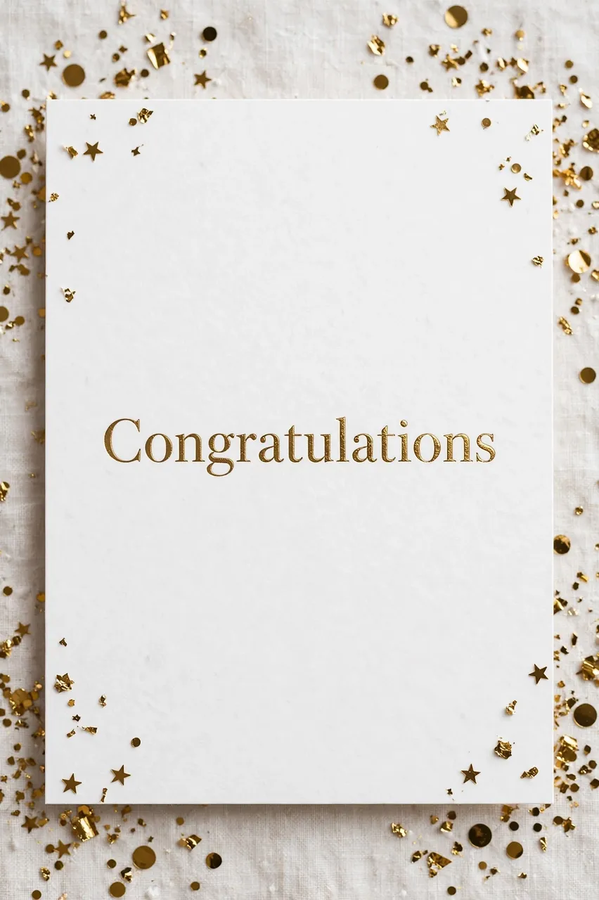 A white card with gold foil 'Congratulations' serif lettering rests surrounded by scattered gold confetti on linen fabric