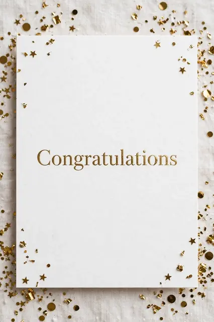 A white card with gold foil 'Congratulations' serif lettering rests surrounded by scattered gold confetti on linen fabric