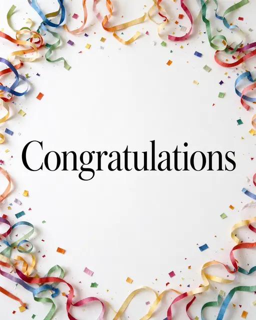 The word "Congratulations" in black serif type sits centered on a white background framed by colorful streamers and confetti.