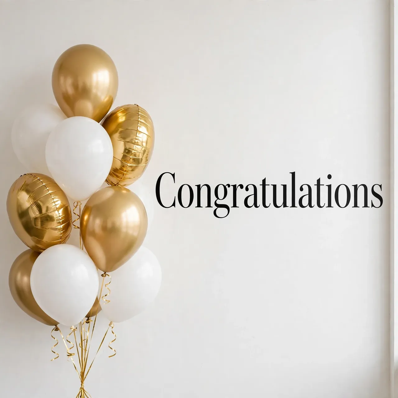 Gold and white balloons sit beside black serif text reading "Congratulations" on a plain white wall.