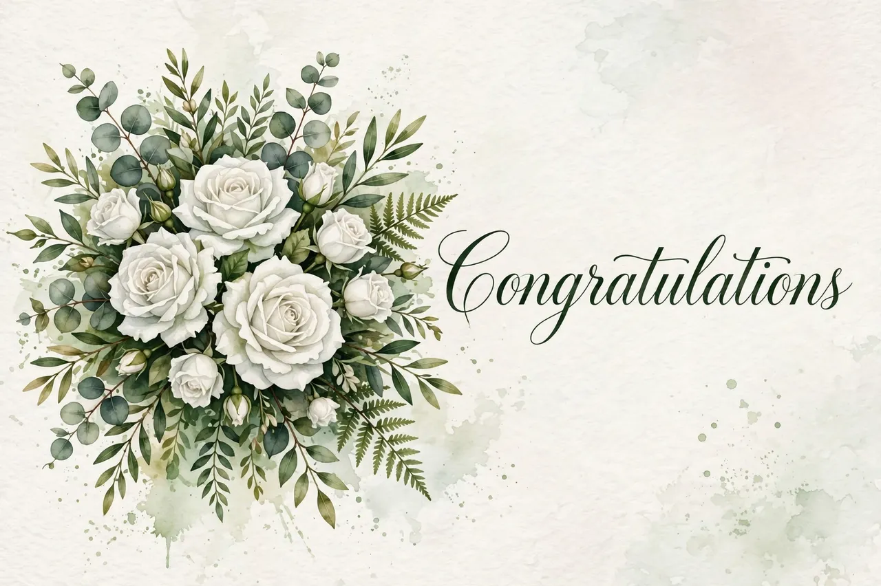 Watercolor bouquet of white roses and greenery sits next to elegant dark green script reading "Congratulations"