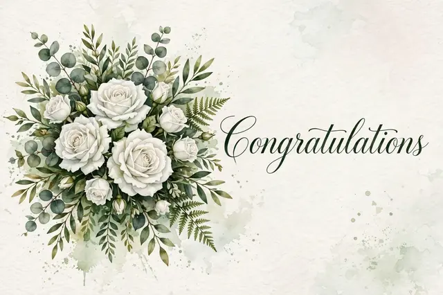 Watercolor bouquet of white roses and greenery sits next to elegant dark green script reading "Congratulations"