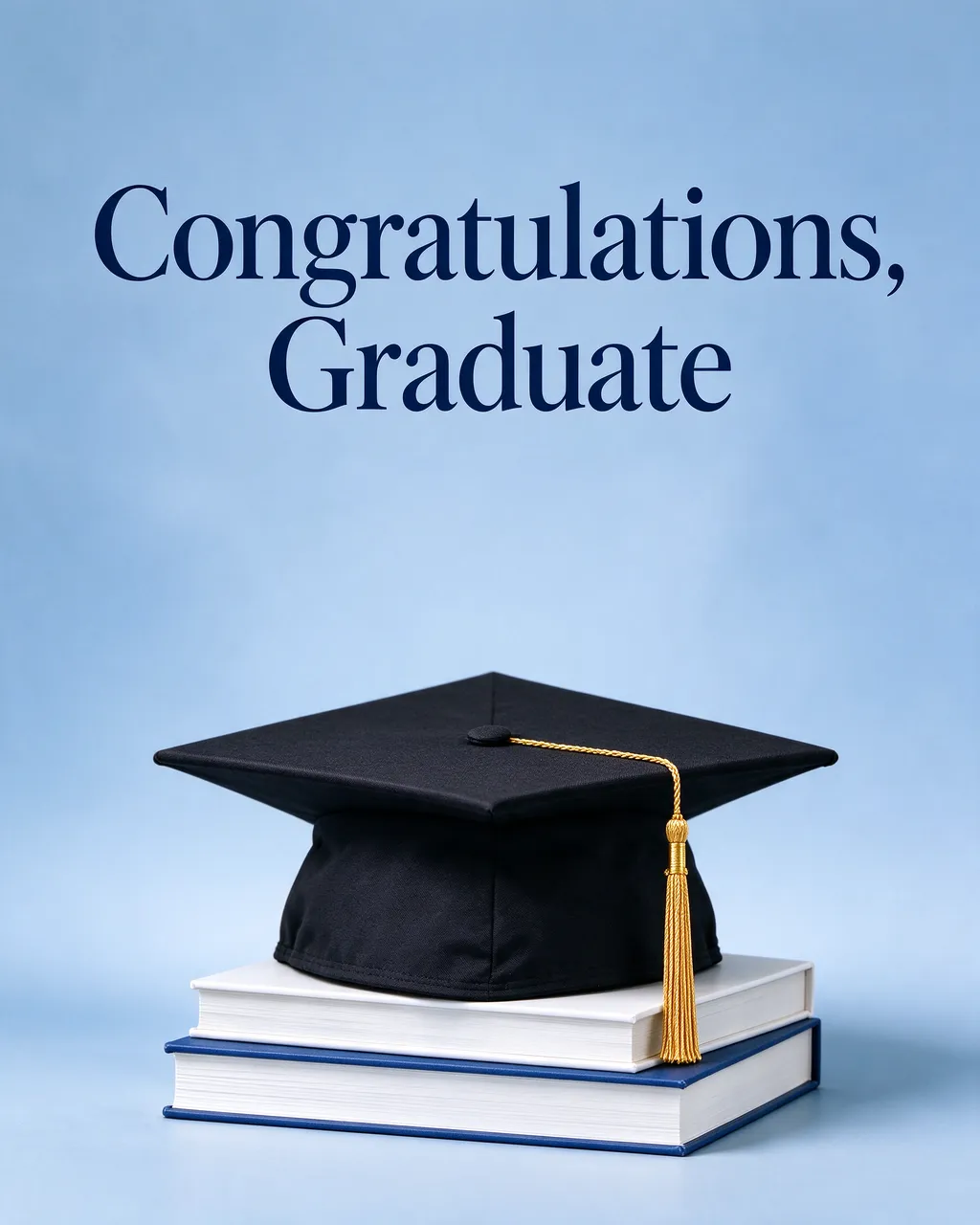 Graduation cap with gold tassel rests on stacked books below the text "Congratulations, Graduate" on a soft blue background